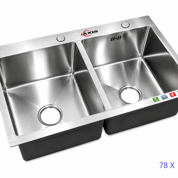 AXIS AX-HMS-7843 Double Bowl Steel Sink (78cmx43cm) Silver